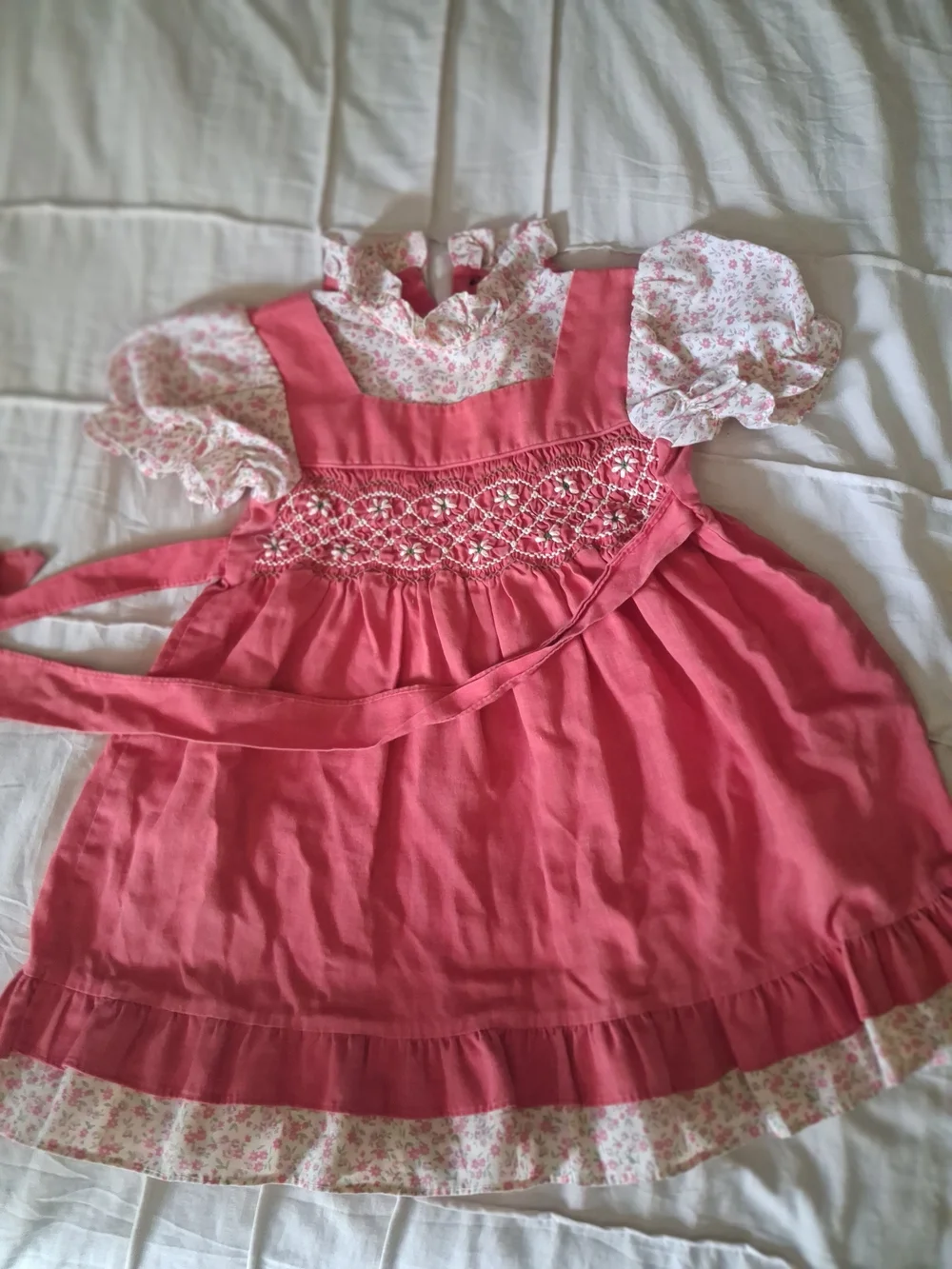 Vintage Polly Flinders Coral Pink Smocked Floral Puff-Sleeve Dress